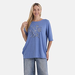 La Marey Blue Short Sleeve Ribbed Top with Rhinestone Design - One Size Fits Most