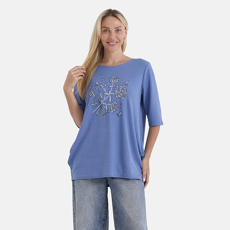 La Marey Blue Short Sleeve Ribbed Top with Rhinestone Design - One Size Fits Most