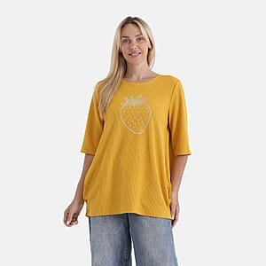 La Marey Yellow Short Sleeve Ribbed Top with Rhinestone Design - One Size Fits Most