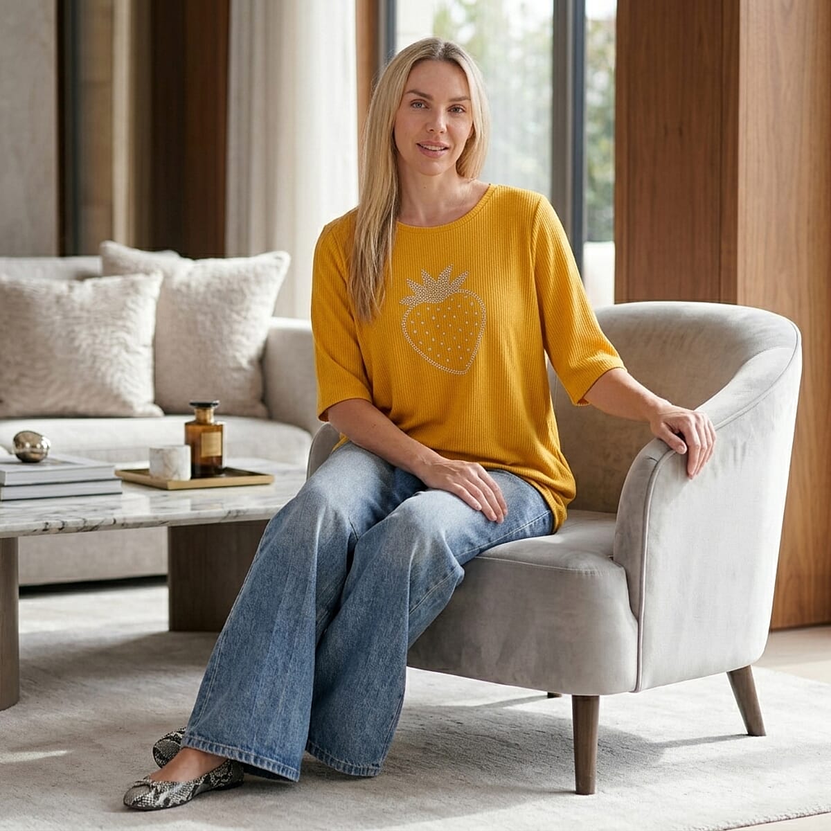 La Marey Yellow Short Sleeve Ribbed Top with Rhinestone Design - One Size Fits Most image number 1