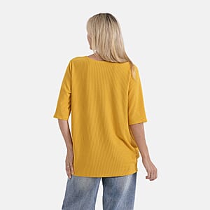 La Marey Yellow Short Sleeve Ribbed Top with Rhinestone Design - One Size Fits Most