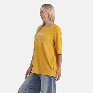 La Marey Yellow Short Sleeve Ribbed Top with Rhinestone Design - One Size Fits Most