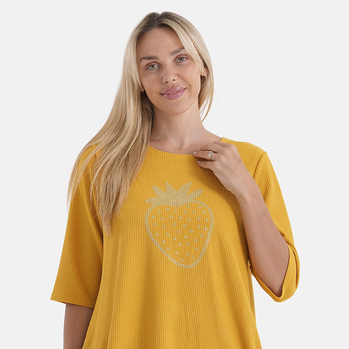 La Marey Yellow Short Sleeve Ribbed Top with Rhinestone Design - One Size Fits Most image number 4