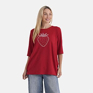 La Marey Red Short Sleeve Ribbed Top with Rhinestone Design - One Size Fits Most