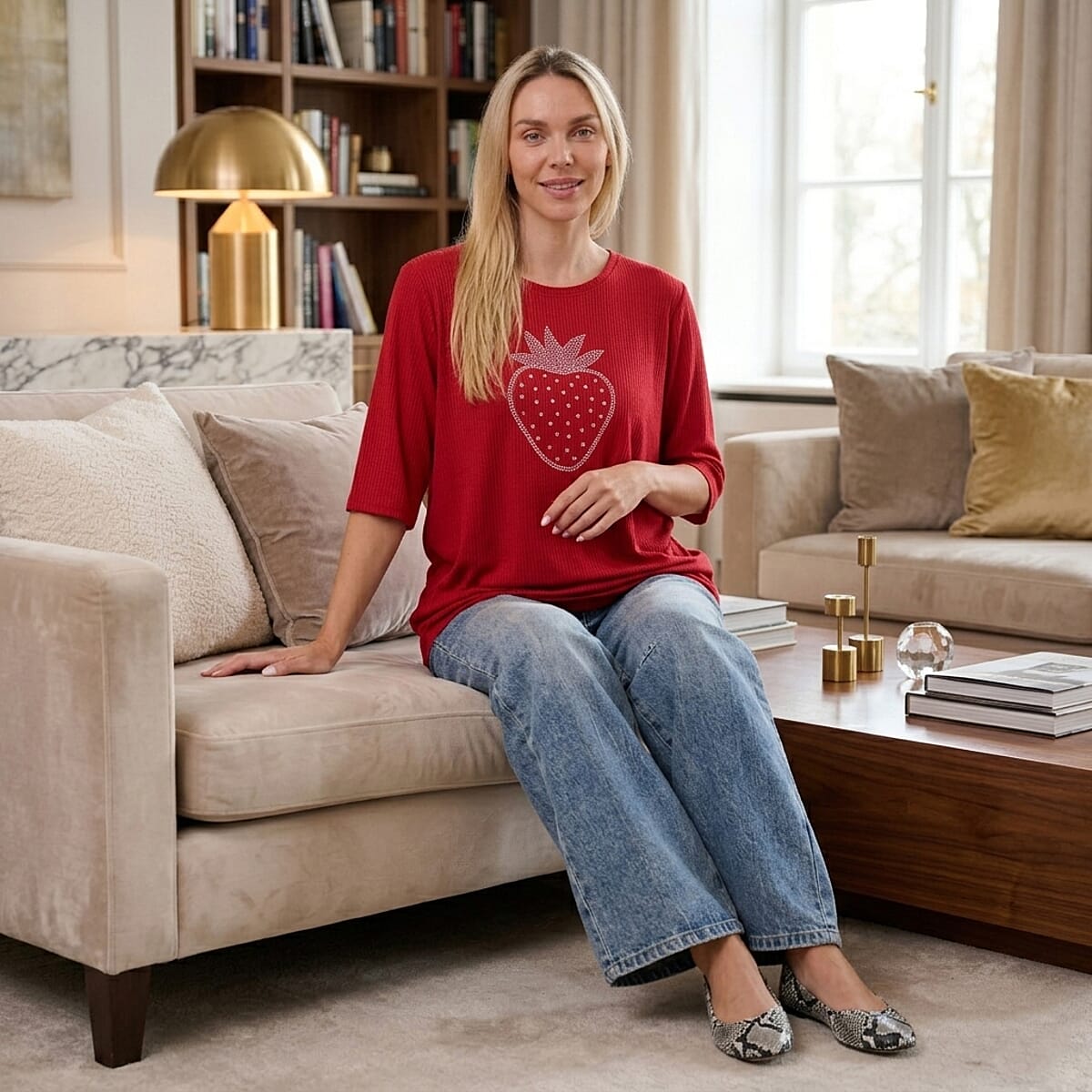 La Marey Red Short Sleeve Ribbed Top with Rhinestone Design - One Size Fits Most image number 1