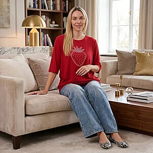La Marey Red Short Sleeve Ribbed Top with Rhinestone Design - One Size Fits Most