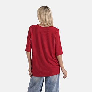 La Marey Red Short Sleeve Ribbed Top with Rhinestone Design - One Size Fits Most