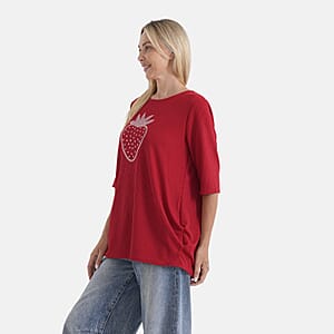 La Marey Red Short Sleeve Ribbed Top with Rhinestone Design - One Size Fits Most