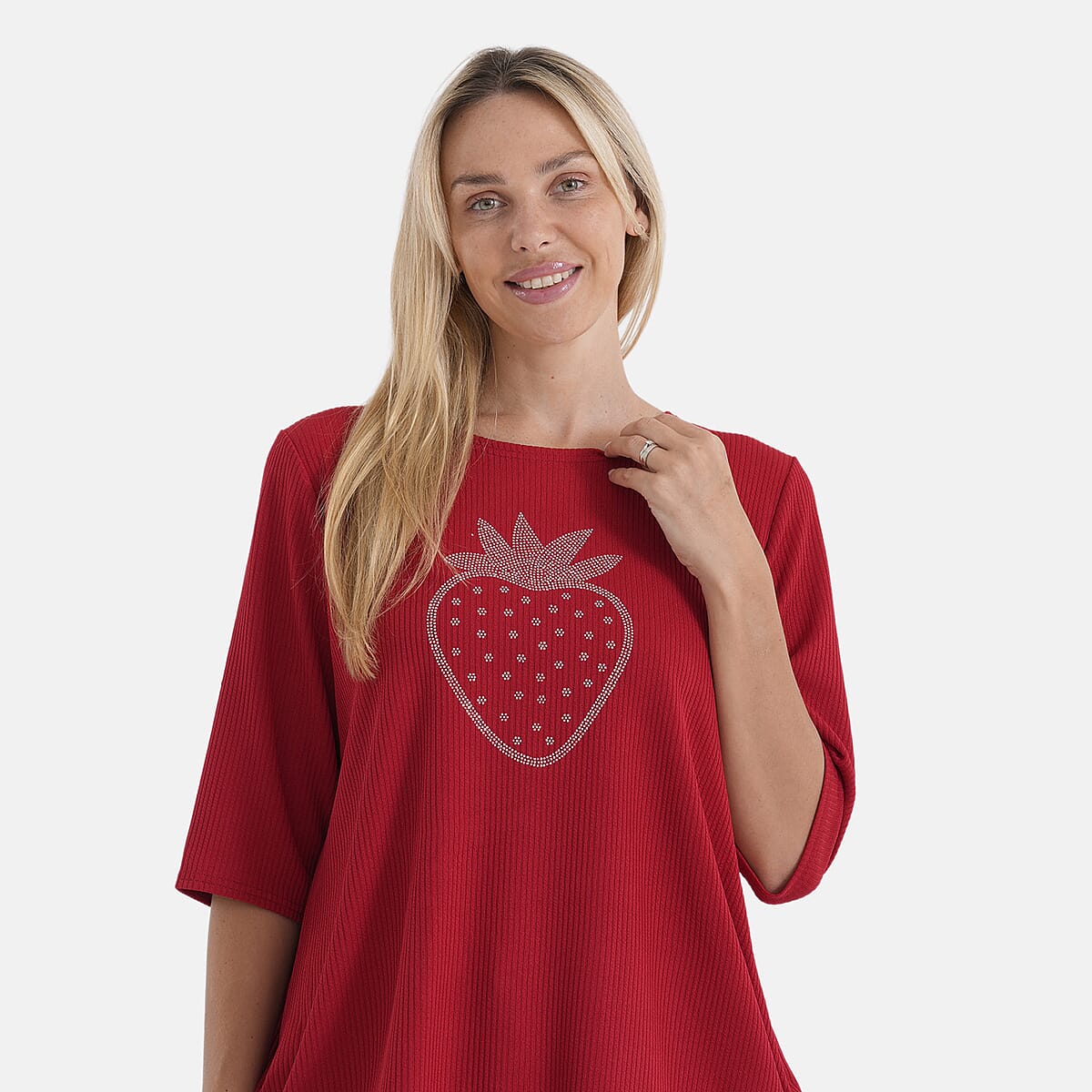 La Marey Red Short Sleeve Ribbed Top with Rhinestone Design - One Size Fits Most image number 4