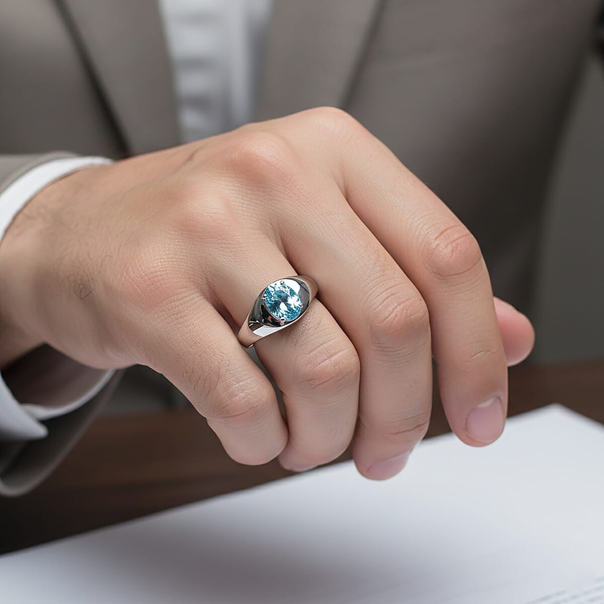 D'Joy AAA Cambodian Blue Zircon 3.10 ctw Men's Ring in Blue E-coat Sterling Silver (Size 11.0) image number 2