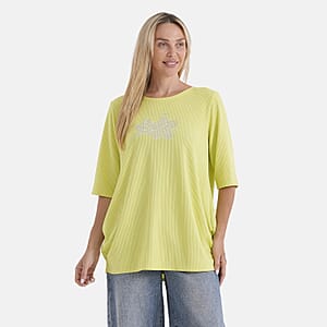 La Marey Yellow and Green Short Sleeve Ribbed Top with Rhinestone Design - One Size Fits Most