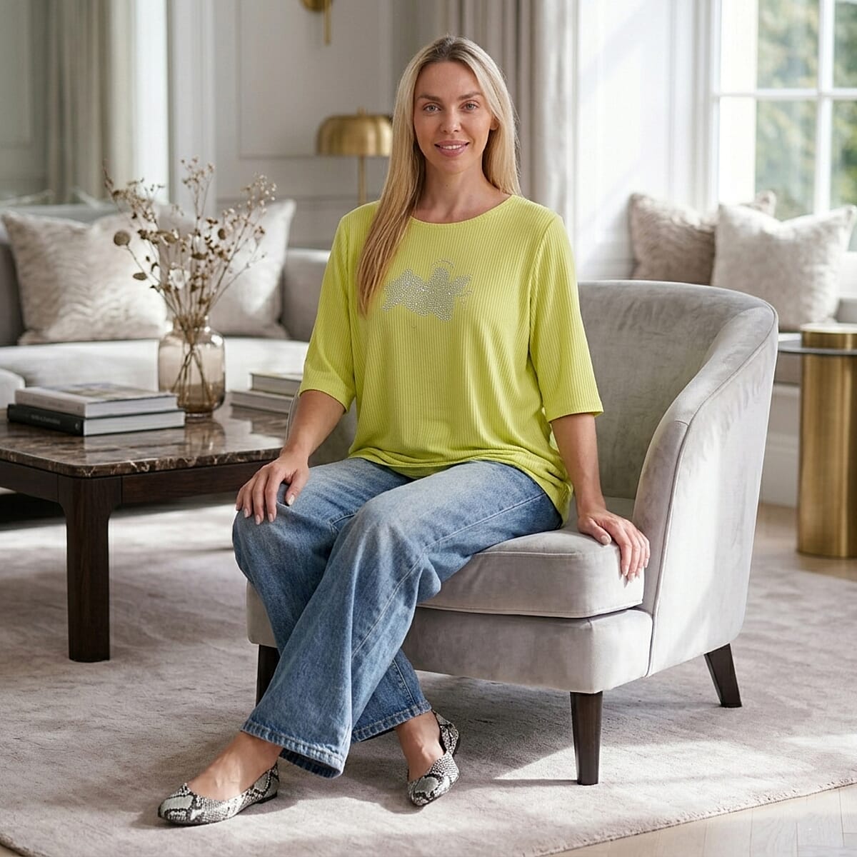 La Marey Yellow and Green Short Sleeve Ribbed Top with Rhinestone Design - One Size Fits Most image number 1