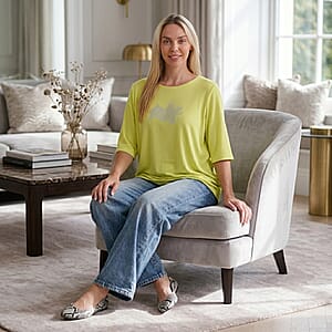 La Marey Yellow and Green Short Sleeve Ribbed Top with Rhinestone Design - One Size Fits Most