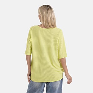 La Marey Yellow and Green Short Sleeve Ribbed Top with Rhinestone Design - One Size Fits Most