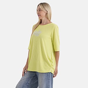 La Marey Yellow and Green Short Sleeve Ribbed Top with Rhinestone Design - One Size Fits Most