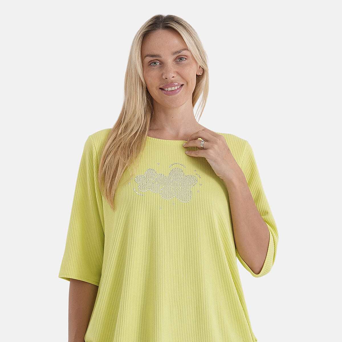 La Marey Yellow and Green Short Sleeve Ribbed Top with Rhinestone Design - One Size Fits Most image number 4