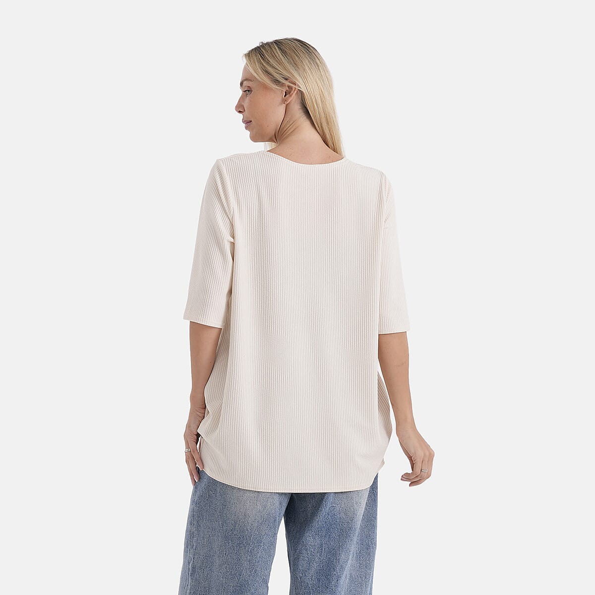 La Marey Beige Short Sleeve Ribbed Top with Rhinestone Design - One Size Fits Most image number 2