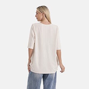 La Marey Beige Short Sleeve Ribbed Top with Rhinestone Design - One Size Fits Most