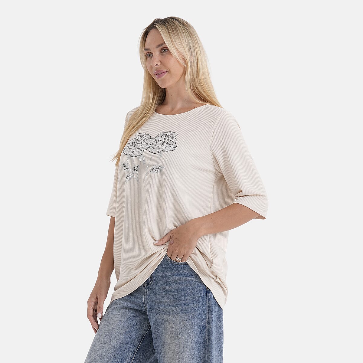 La Marey Beige Short Sleeve Ribbed Top with Rhinestone Design - One Size Fits Most image number 3