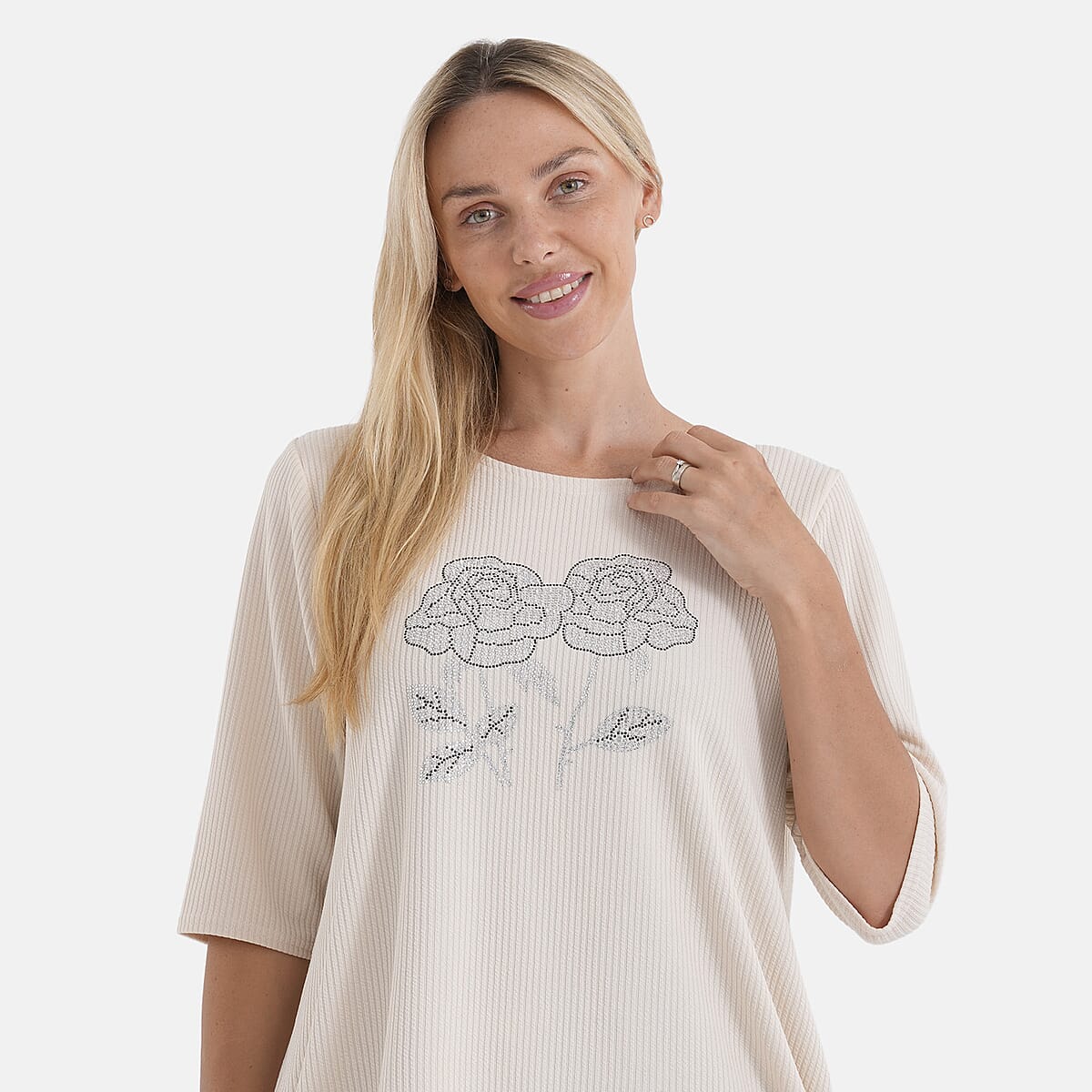 La Marey Beige Short Sleeve Ribbed Top with Rhinestone Design - One Size Fits Most image number 4
