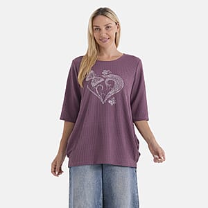 La Marey Purple Short Sleeve Ribbed Top with Rhinestone Design - One Size Fits Most