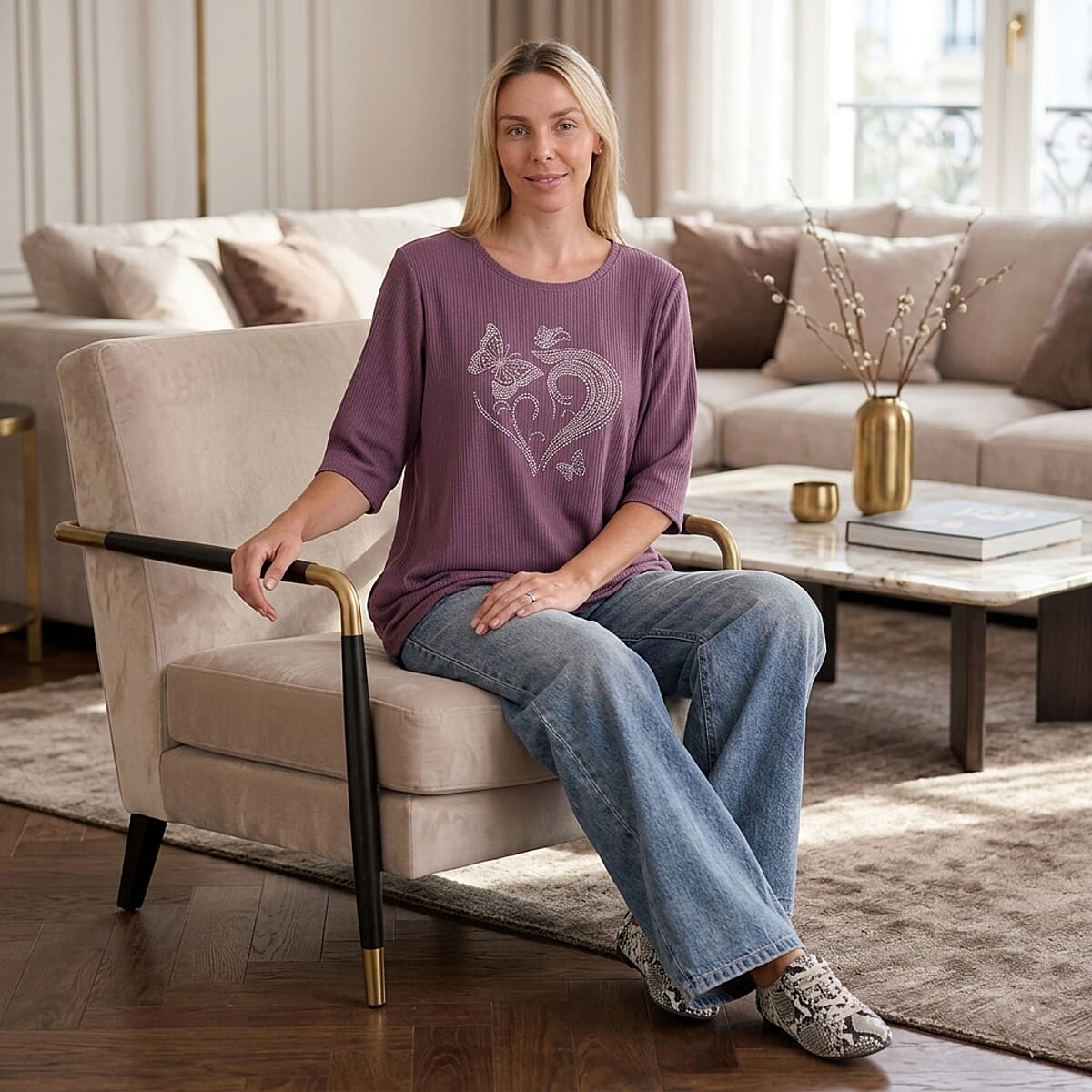 La Marey Purple Short Sleeve Ribbed Top with Rhinestone Design - One Size Fits Most image number 1