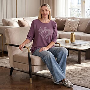 La Marey Purple Short Sleeve Ribbed Top with Rhinestone Design - One Size Fits Most