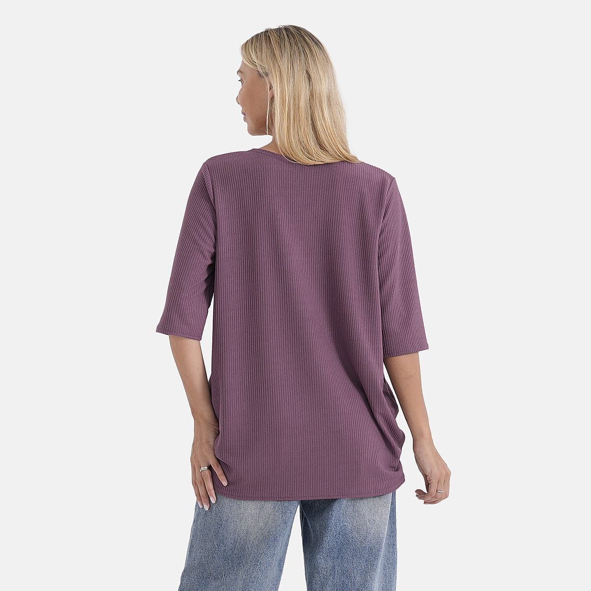 La Marey Purple Short Sleeve Ribbed Top with Rhinestone Design - One Size Fits Most image number 2