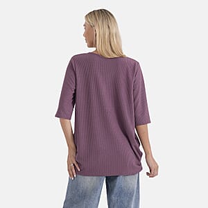 La Marey Purple Short Sleeve Ribbed Top with Rhinestone Design - One Size Fits Most