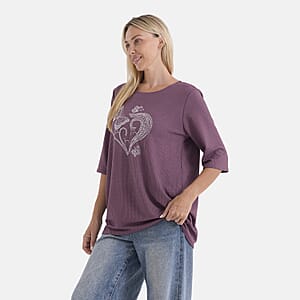 La Marey Purple Short Sleeve Ribbed Top with Rhinestone Design - One Size Fits Most