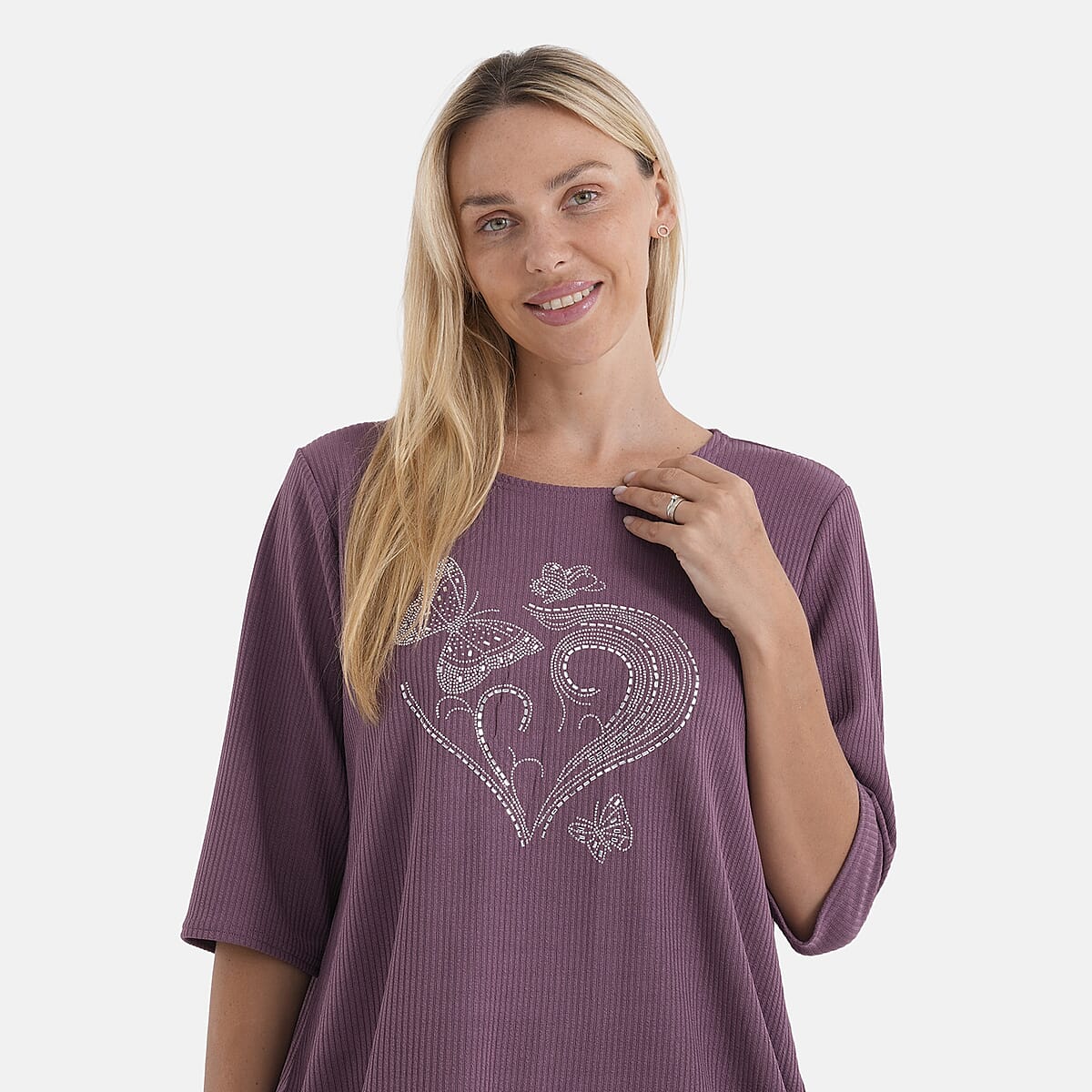 La Marey Purple Short Sleeve Ribbed Top with Rhinestone Design - One Size Fits Most image number 4
