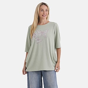 La Marey Green Short Sleeve Ribbed Top with Rhinestone Design - One Size Fits Most