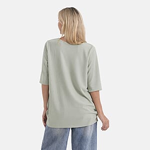 La Marey Green Short Sleeve Ribbed Top with Rhinestone Design - One Size Fits Most