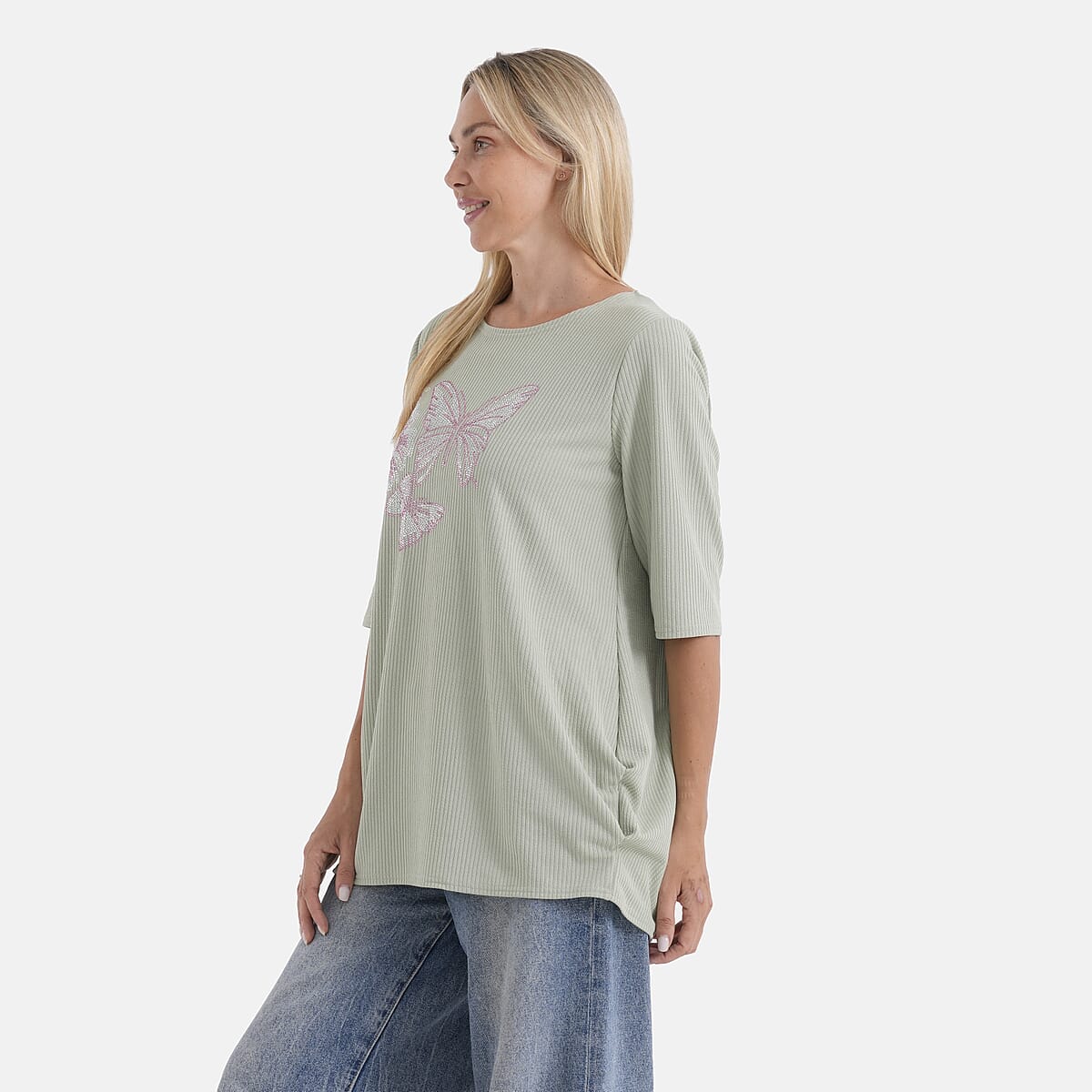 La Marey Green Short Sleeve Ribbed Top with Rhinestone Design - One Size Fits Most image number 3