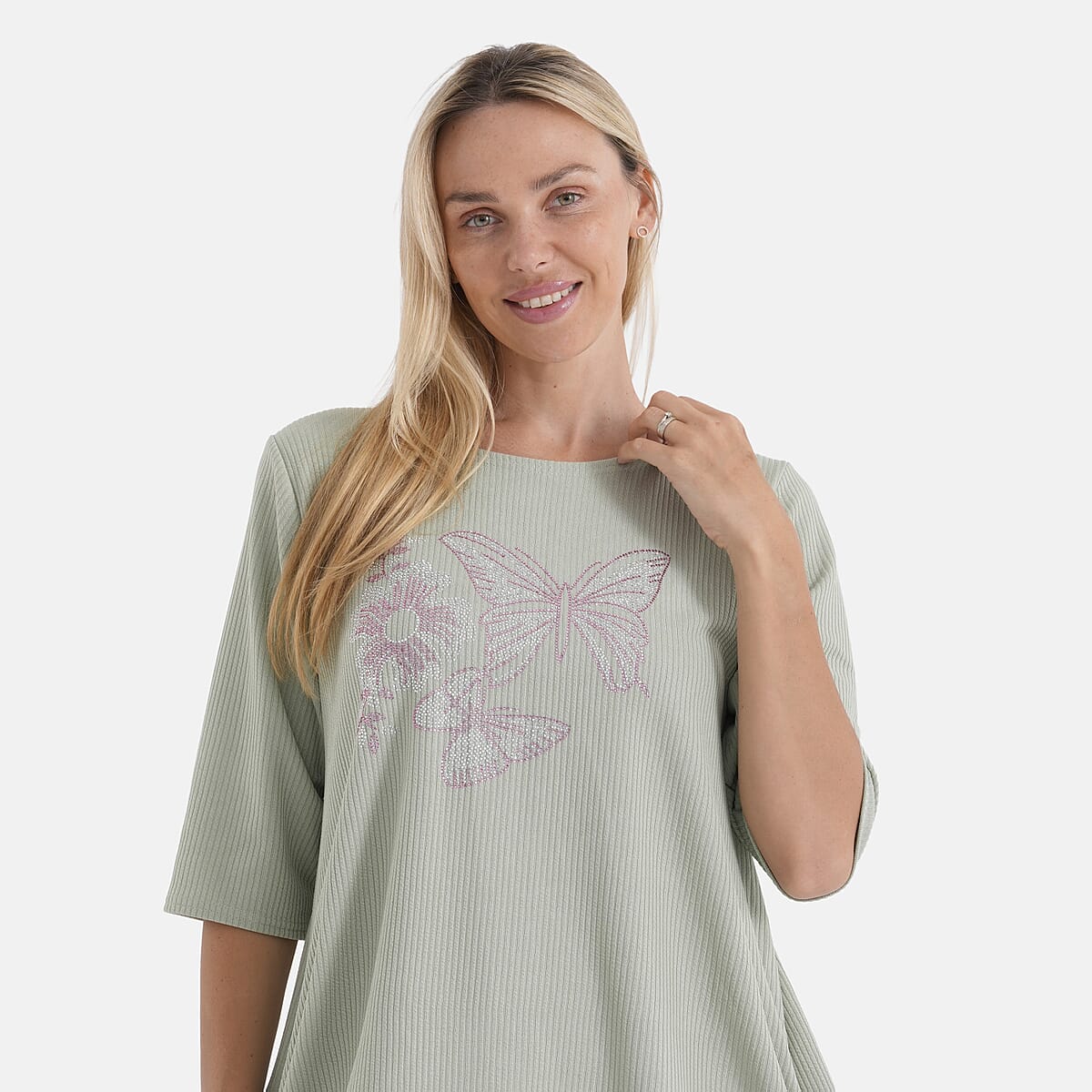 La Marey Green Short Sleeve Ribbed Top with Rhinestone Design - One Size Fits Most image number 4