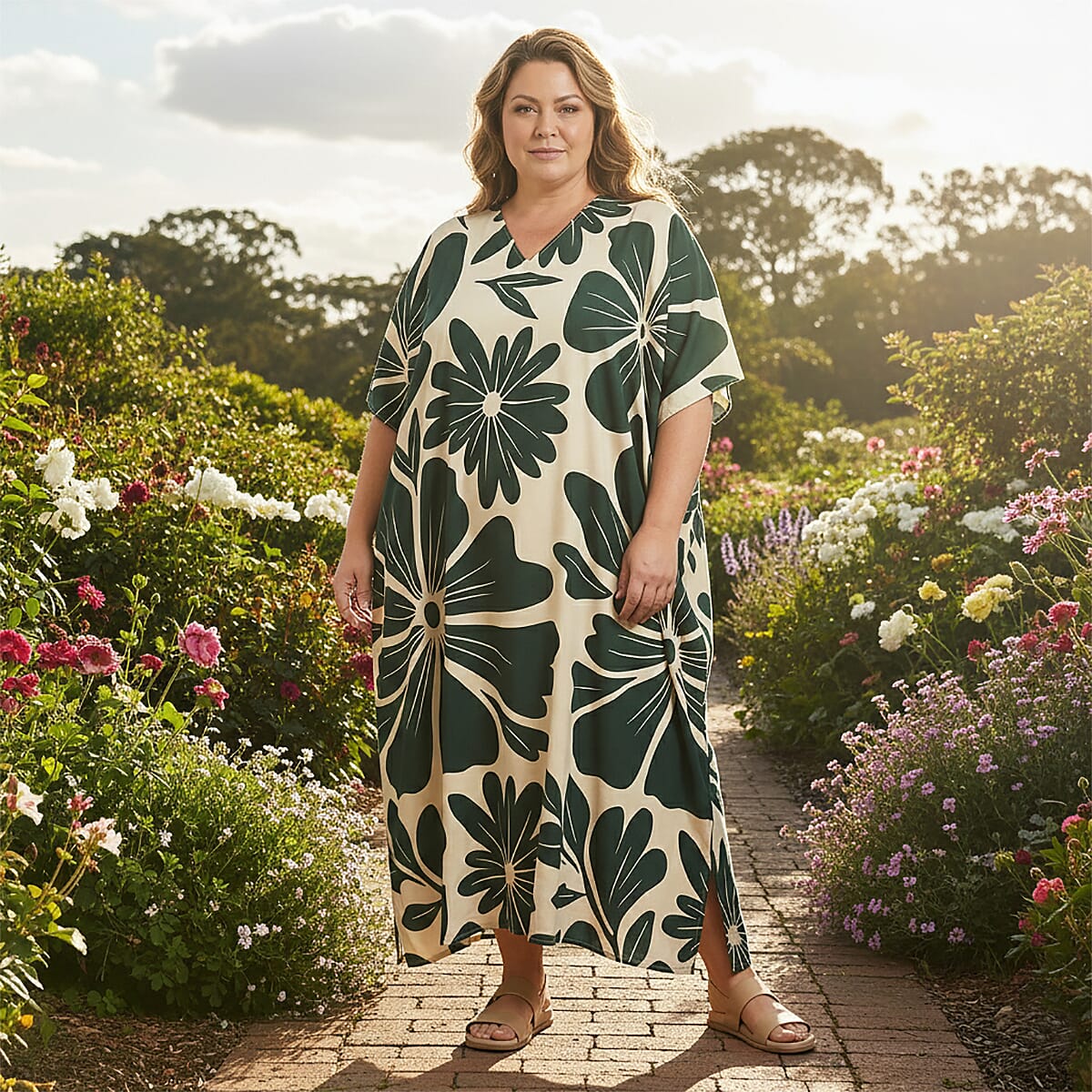 Winlar Green Floral Long Kaftan image number 1