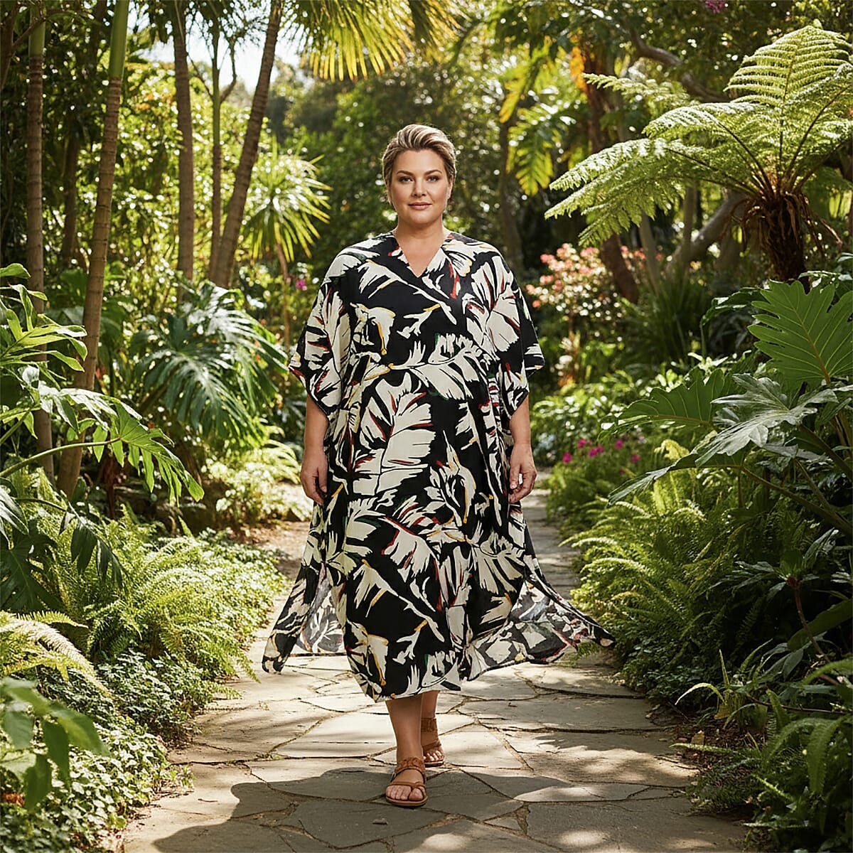 Winlar Black & White Leaf Long Kaftan image number 1