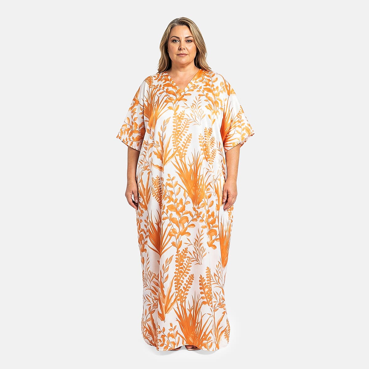 Winlar Orange & White Leaf Long Kaftan image number 0