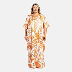 Winlar Orange & White Leaf Long Kaftan