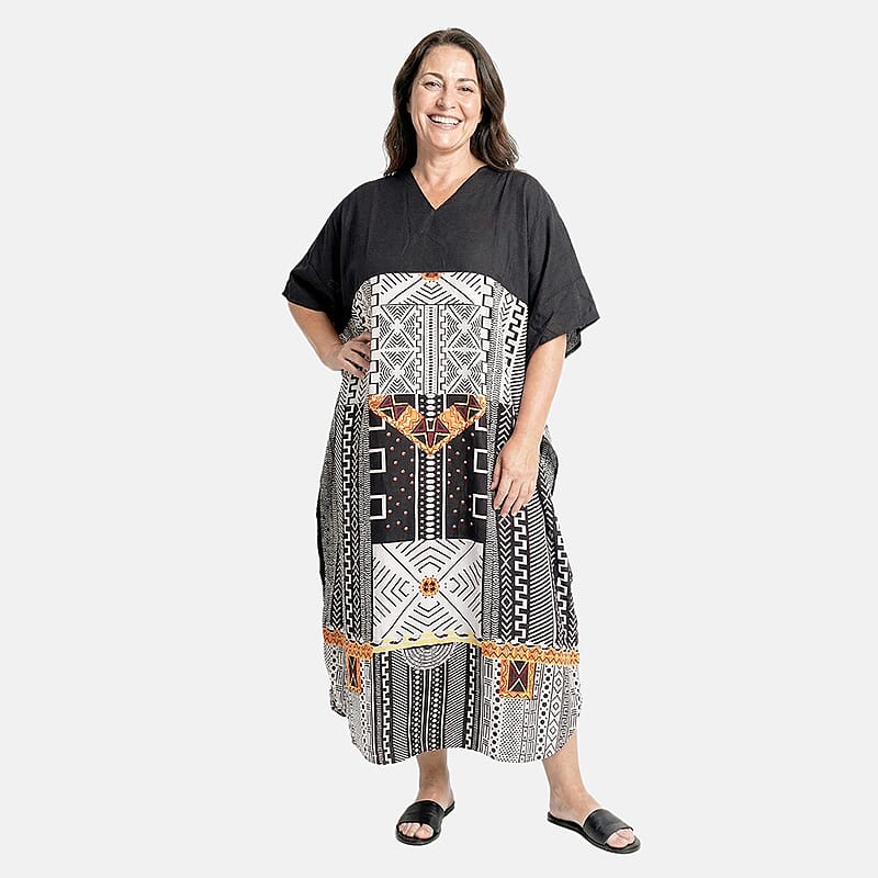 Winlar Black Tribal Long Kaftan - One Size Fits Most