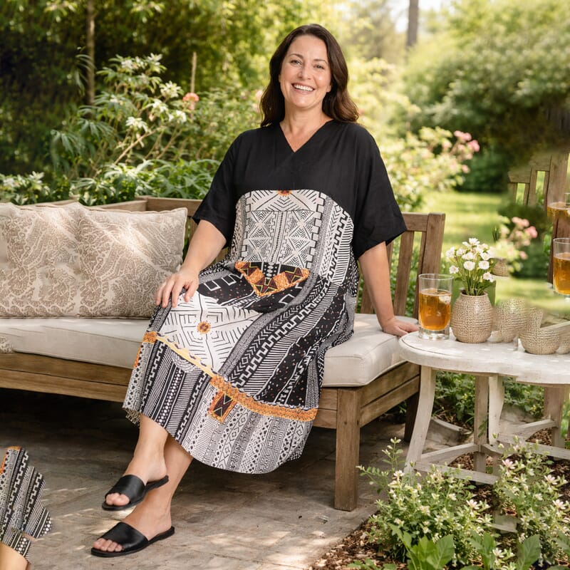 Winlar Black Tribal Long Kaftan - One Size Fits Most