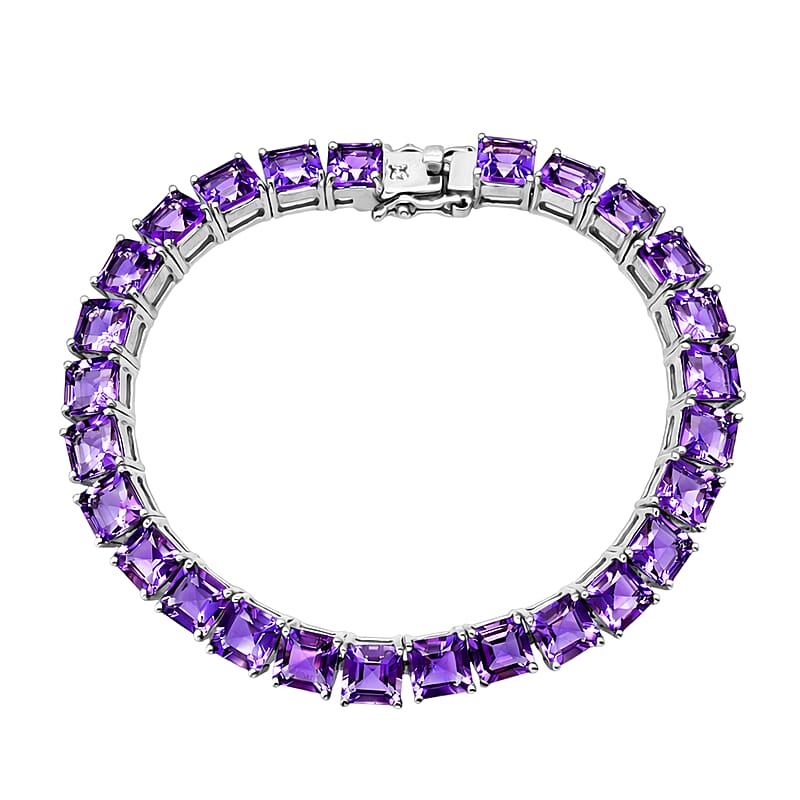 Premium Lusaka Amethyst, Luxuriant Lab Grown Diamond G-H SI 27.85 ctw Tennis Bracelet in Rhodium Over Sterling Silver (7.25 In)