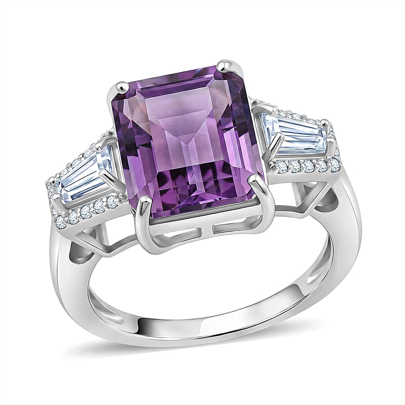 D'Joy Premium Lusaka Amethyst and Moissanite 6.60 ctw Signature Ring in Rhodium Over Sterling Silver (Size 10.0)