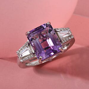 D'Joy Premium Lusaka Amethyst and Moissanite 6.60 ctw Signature Ring in Rhodium Over Sterling Silver (Size 10.0)