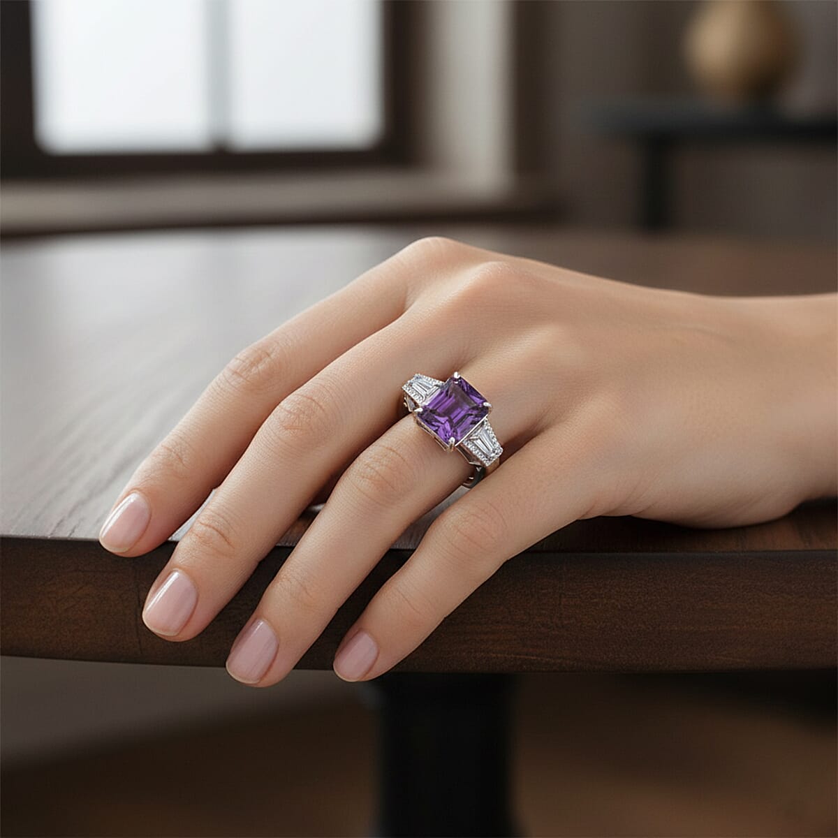 D'Joy Premium Lusaka Amethyst and Moissanite 6.60 ctw Signature Ring in Rhodium Over Sterling Silver (Size 10.0) image number 2