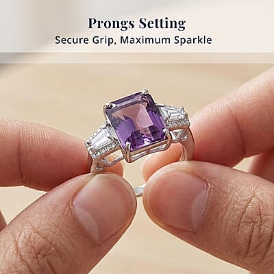 D'Joy Premium Lusaka Amethyst and Moissanite 6.60 ctw Signature Ring in Rhodium Over Sterling Silver (Size 10.0)