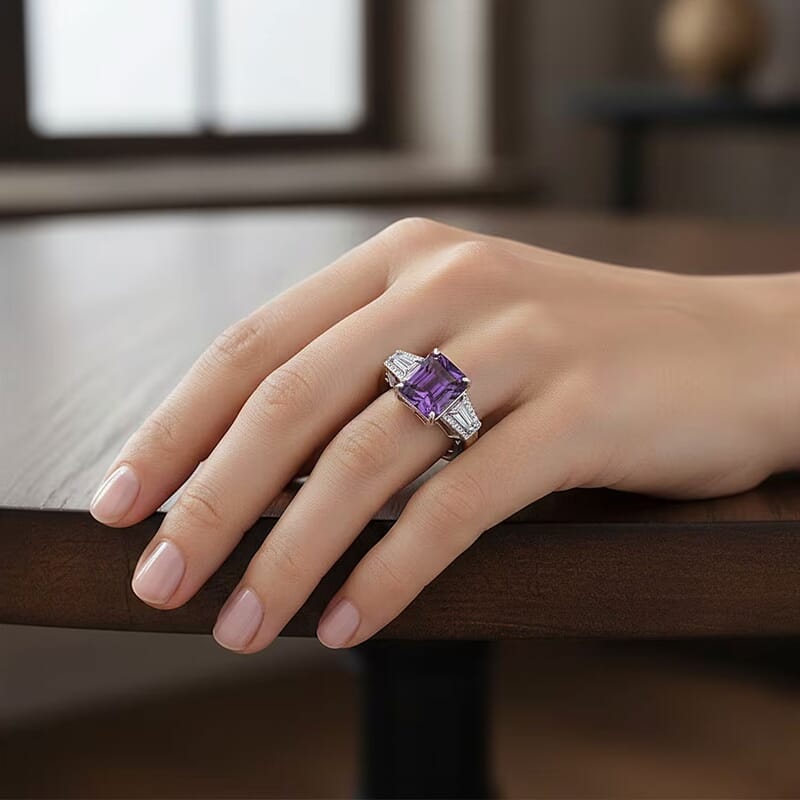 D'Joy Premium Lusaka Amethyst and Moissanite 6.60 ctw Signature Ring in Rhodium Over Sterling Silver (Size 7.0)
