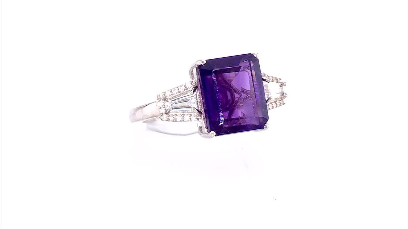 D'Joy Premium Lusaka Amethyst, Moissanite Signature Ring in Rhodium Over Sterling Silver (Size 10.0) 6.60 ctw