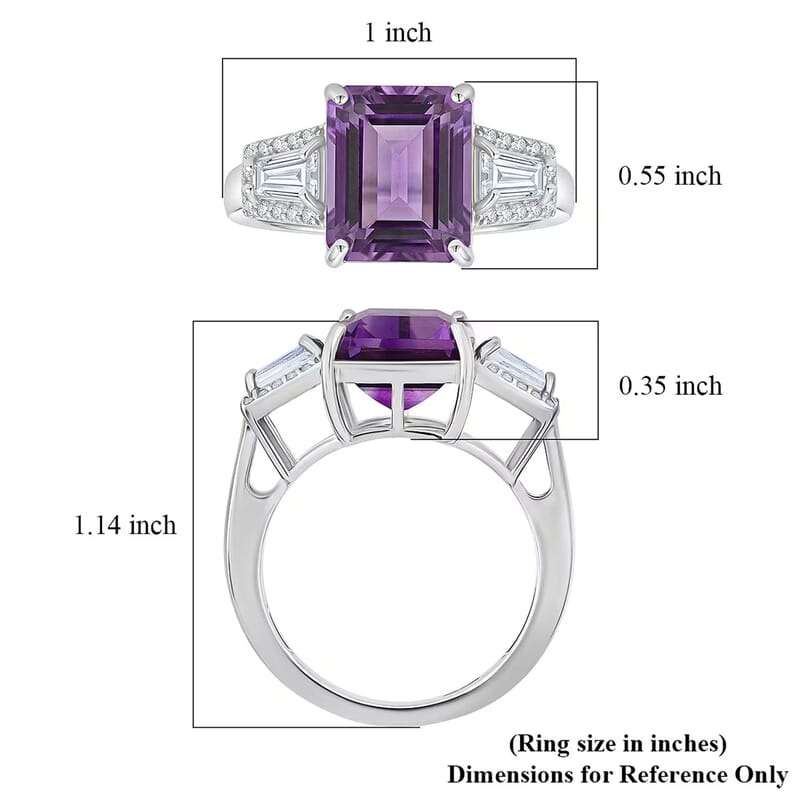 D'Joy Premium Lusaka Amethyst and Moissanite 6.60 ctw Signature Ring in Rhodium Over Sterling Silver (Size 7.0)