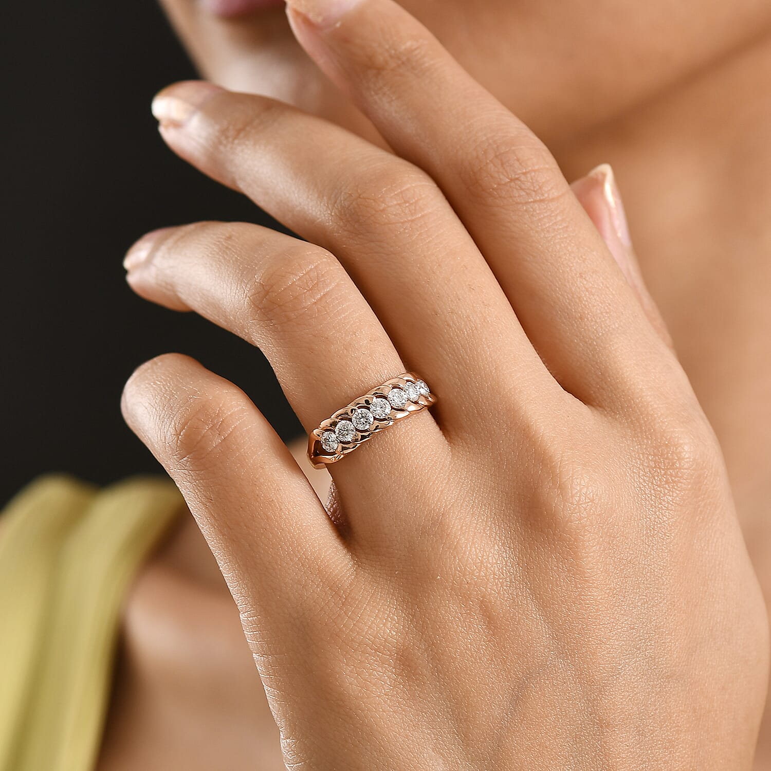 EverTrue Moissanite 0.75 ctw 7 Stone Ring in 18K RG Plated (Size 5.0)